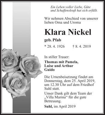 Traueranzeige von Klara Nickel von Südthüringer Presse