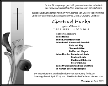 Traueranzeige von Gertrud Fuchs von Südthüringer Presse