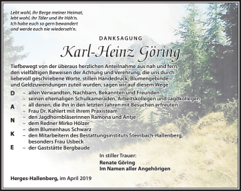 Traueranzeige von Karl-Heinz Göring von Südthüringer Presse