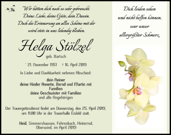 Traueranzeige von Helga Stölzel von Südthüringer Presse