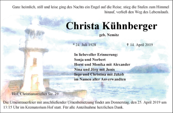 Traueranzeige von Christa Kühnberger von Frankenpost