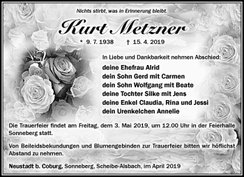 Traueranzeige von Kurt Metzner von Südthüringer Presse