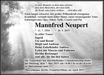 Traueranzeige von Mannfred Neupert von Südthüringer Presse