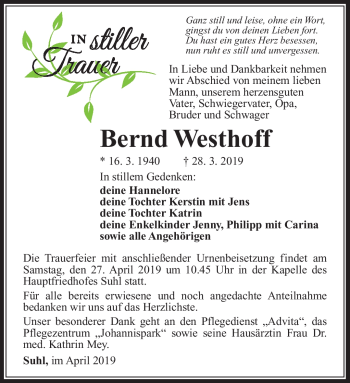 Traueranzeige von Bernd Westhoff von Südthüringer Presse