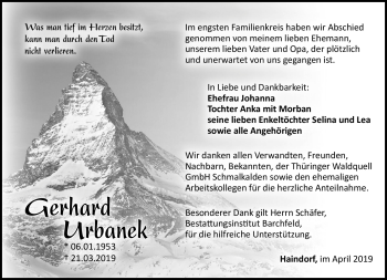 Traueranzeige von Gerhard Urbanek von Südthüringer Presse