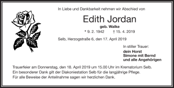Traueranzeige von Edith Jordan von Frankenpost