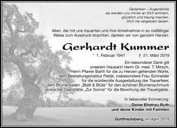 Traueranzeige von Gerhardt Kummer von Südthüringer Presse