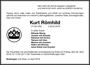 Traueranzeige von Kurt Römhild von Südthüringer Presse