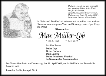 Traueranzeige von Max Müller-Löb von Südthüringer Presse