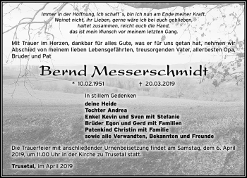 Traueranzeige von Bernd Messerschmidt von Südthüringer Presse