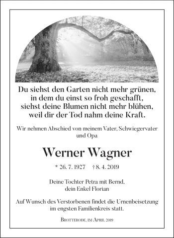 Traueranzeige von Werner Wanger von Südthüringer Presse