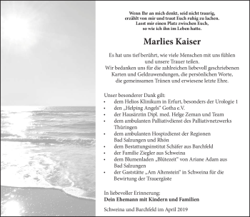 Traueranzeige von Marlies Kaiser von Südthüringer Presse