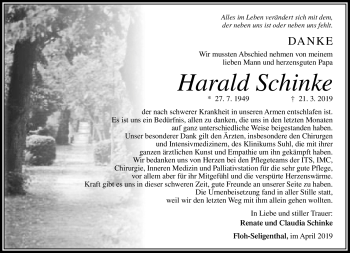 Traueranzeige von Harald Schinke von Südthüringer Presse