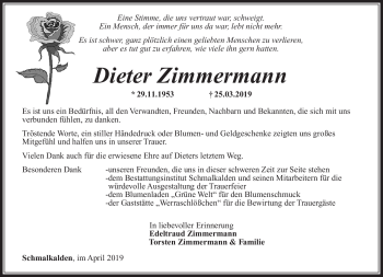 Traueranzeige von Dieter Zimmermann von Südthüringer Presse