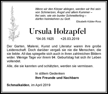 Traueranzeige von Ursula Holzapfel von Südthüringer Presse