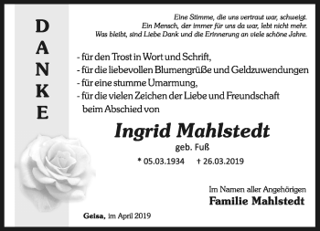 Traueranzeige von Ingrid Mahlstedt von Südthüringer Presse