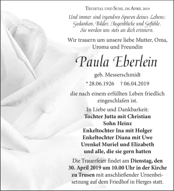 Traueranzeige von Paula Eberlein von Südthüringer Presse