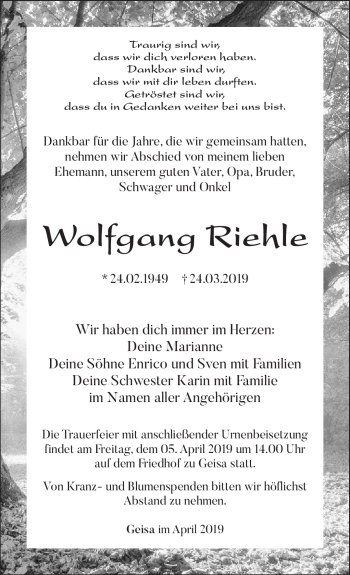 Traueranzeige von Wolfgang Riehle von Südthüringer Presse