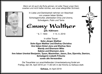 Traueranzeige von Emmy Walther von Südthüringer Presse