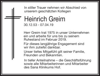Traueranzeige von Heinrich Greim von Frankenpost