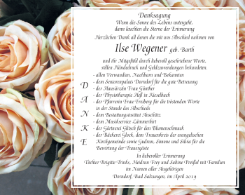 Traueranzeige von Ilse Wegener von Südthüringer Presse
