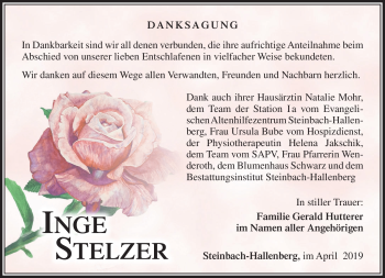 Traueranzeige von Inge Stelzer von Südthüringer Presse
