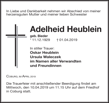 Traueranzeige von Adelheid Heublein von Neue Presse Coburg