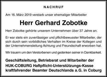 Traueranzeige von Gerhard Zobotke von Neue Presse Coburg