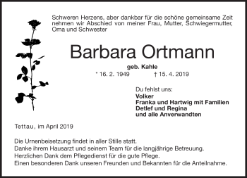 Traueranzeige von Barbara Ortmann von Neue Presse Coburg