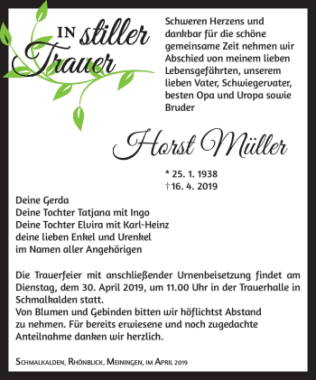 Traueranzeige von Horst Müller von Südthüringer Presse