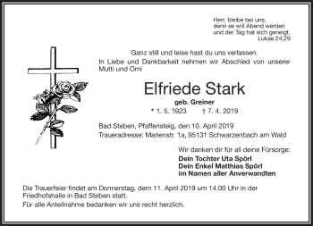 Traueranzeige von Elfriede Stark von Frankenpost