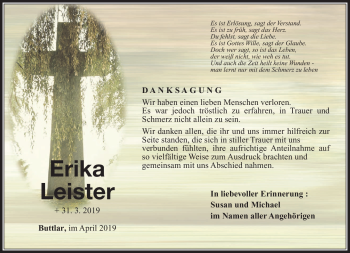 Traueranzeige von Erika Leister von Südthüringer Presse