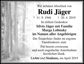 Traueranzeige von Rudi Jäger von Südthüringer Presse