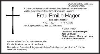 Traueranzeige von Emilie Hager von Frankenpost