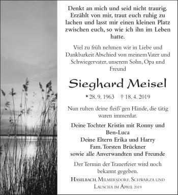 Traueranzeige von Sieghard Meisel von Südthüringer Presse