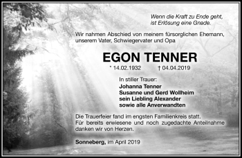 Traueranzeige von Egon Tenner von Südthüringer Presse