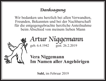 Traueranzeige von Niggemann Artur von Südthüringer Presse