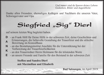 Traueranzeige von Siegfried Dierl von Südthüringer Presse