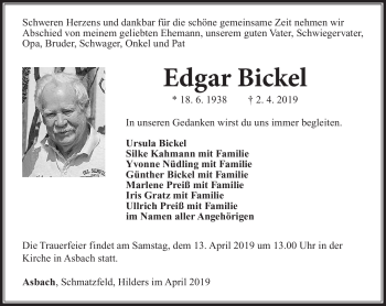 Traueranzeige von Edgar Bickel von Südthüringer Presse
