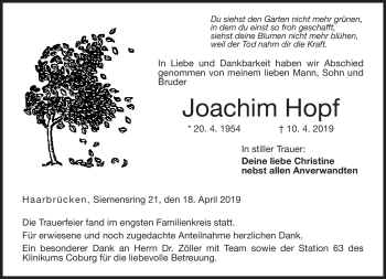 Traueranzeige von Joachim Hopf von Neue Presse Coburg