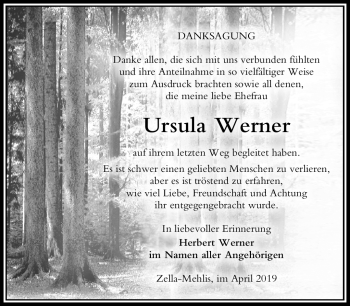 Traueranzeige von Ursula Werner von Südthüringer Presse