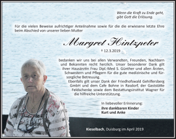 Traueranzeige von Margret Hintzpeter von Südthüringer Presse