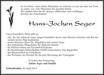 Traueranzeige von Hans-Jochen Seger von Südthüringer Presse