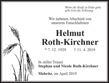 Traueranzeige von Helmut Roth-Kirchner von Südthüringer Presse