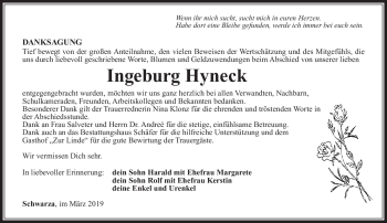Traueranzeige von Ingeburg Hyneck von Südthüringer Presse