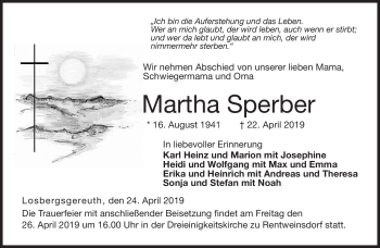 Traueranzeige von Martha Sperber von Neue Presse Coburg