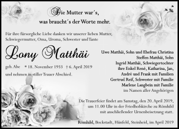Traueranzeige von Lony Matthäi von Südthüringer Presse