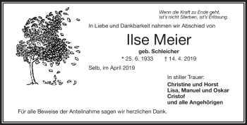 Traueranzeige von Ilse Meier von Frankenpost