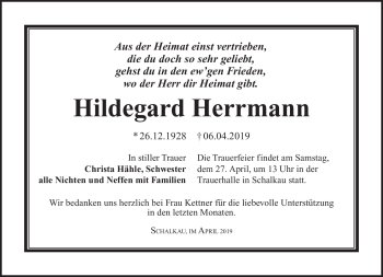 Traueranzeige von Hildegard Herrmann von Südthüringer Presse