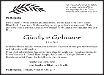 Traueranzeige von Günther Gebauer von Südthüringer Presse